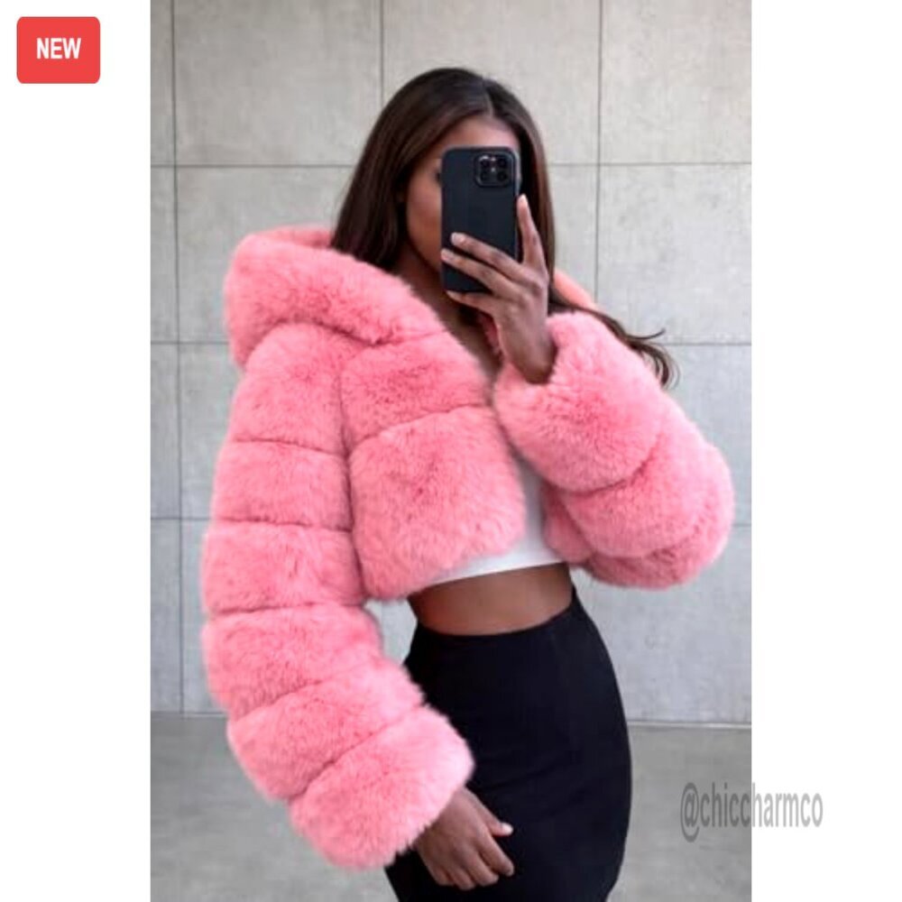 Faux Fox Fur Hooded Bolero Cropped Jacket Luxury Winter Fashion Layered - Picture 3 of 7